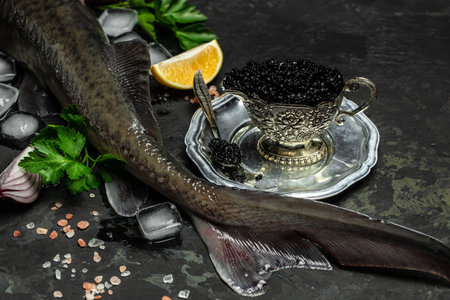 sturgeon caviar sturgeon caviar on a metal tray, Restaurant menu, dieting, cookbook recipe top viewの写真素材