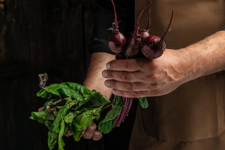 hand holding fresh beetroot. Healthy vegan food. banner, menu, recipe place for text.の写真素材