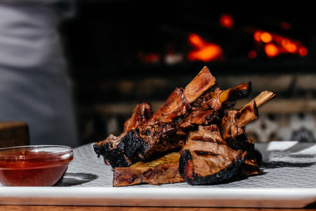Grilled lamb rack with spices, Meat lamb on the grill. Roasted lamb ribs,の写真素材