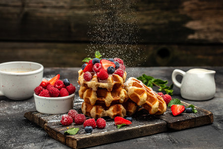 Belgian waffles with raspberries with sugar powder in a freeze motion of a cloud of powder midair, served with jug of milk. Delicious breakfast or snack. Long banner format.の写真素材