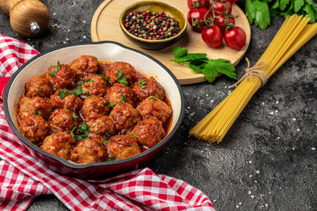 Traditional spicy meatballs in sweet and sour tomato sauce. Restaurant menu, dieting, cookbook recipe top view.の写真素材
