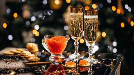 Elegant glass of champagne with red caviar on golden spoon and glass container of caviar, Gourmet food close up, appetizer, selective focus, place for text,の写真素材