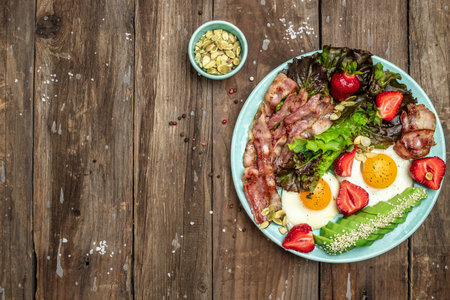 Plate with fried eggs, bacon, avocado, strawberries and fresh salad on a dark background. Ketogenic diet food, healthy meal concept, Long banner format. top view.の写真素材