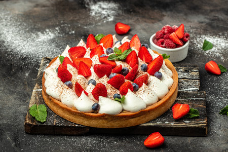 Homemade tart pie or cake with whipped cream and fresh raspberry. Food recipe background. close up.の写真素材