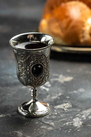 Homemade braided challah shabbat wine, Traditional Jewish Shabbat ritual. Shabbat or Shabath concept. vertical image. top view. place for text,の写真素材