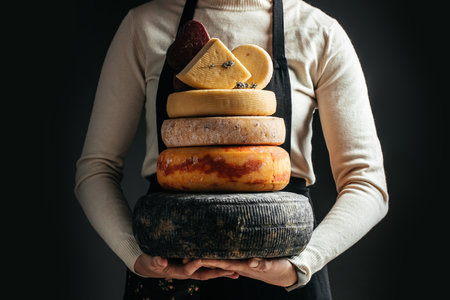 craftsmanship hands have a typical Italian cheese. French tomme cheese in the hands of a cheesemaker on dark background. Different homemade cheeses. banner, menu, recipe place for text.の写真素材