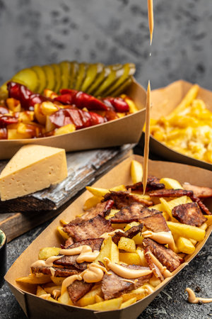 Traditional fast and street food, French fried potatoes with beef stew and mayonnaise in paper box.