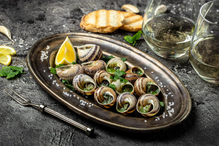 Delicious cooked sea escargo snails with herbs, butter, garlic on metal plate with forks. wine glass. gourmet food. Restaurant menu, Traditional French cuisine,の写真素材