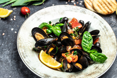 dish of mussels with lemon and baguette. Clams in the shells. Restaurant menu, dieting, cookbook recipe top view.の写真素材