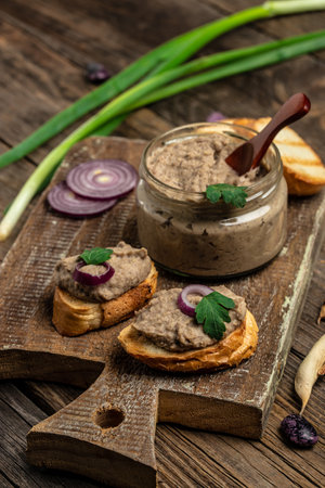 Toasts bread with beans paste, Mexican cuisine pate of beans in glass jar. healthy vegetarian food,...