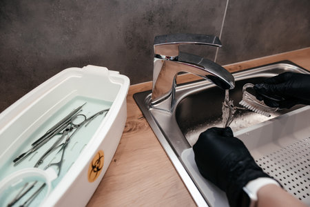 wash manicure tools under running water, disinfection of manicure tools after the procedure, soaking...