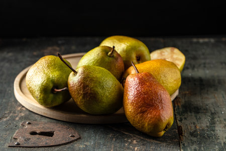 juicy pears organic, beautiful fresh fruits on a wooden background,の写真素材