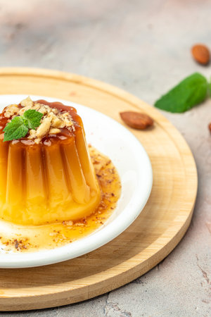 panna cota with caramel. Creme Caramel Dessert on a light background. vertical image. top view.の写真素材