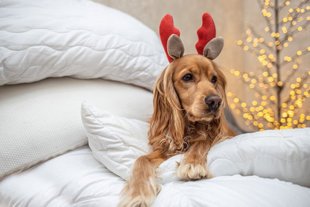 Dog wearing reindeer antlers headband sits in a pile of blankets and pillows against the background of a garland, New year and Christmas concept,の写真素材