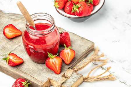 Jar of strawberry jam and fresh berries on white background. Homemade strawberry marmalade and fruits.の写真素材