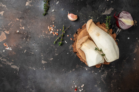 King oyster mushroom Pleurotus eryngii on a dark background, banner, menu, recipe place for text, top view,の写真素材
