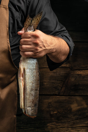 salmon is in the hands. Raw fish trout steak with spices and herbs. place for text.の写真素材