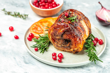Roasted pork roll stuffed with cranberry berries on a light background. Restaurant menu, dieting, cookbook recipe top view.の写真素材