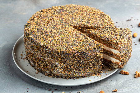 layered cake with cakes nut in condensed milk, Food recipe background. close up. layered poppy cake,