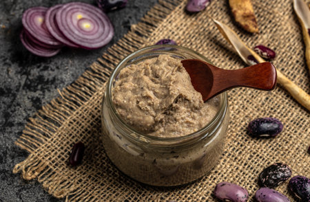 Homemade mushroom and bean paste. Mexican cuisine pate of beans, healthy vegetarian food, banner,...