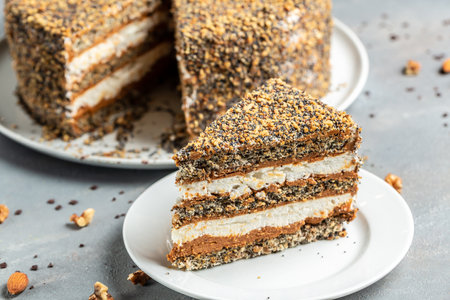 nut cake with condensed milk, Food recipe background. close up. layered cake,