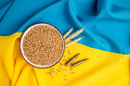 flag of Ukraine with wheat spikelets. stop the war. Concept of food supply crisis and global food scarcity. place for text, top view.の写真素材