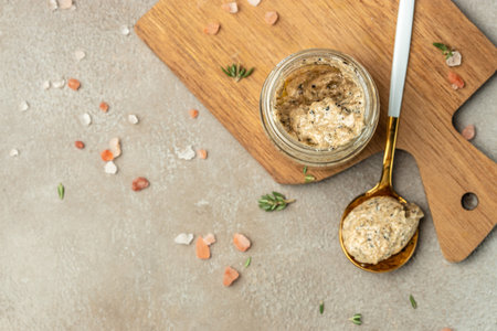 mushrooms sauce, truffle paste on a wooden board. Clean eating, dieting, vegan food concept. top view.の写真素材