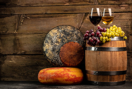Whole round Head of parmesan or parmigiano hard cheese and wine on a wooden background. farmer market. place for text.の写真素材