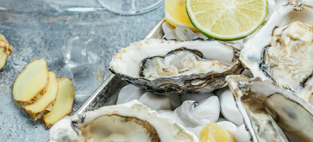 Fresh oysters with lemon and ice. Restaurant delicacy. oyster dish. Oyster dinner with champagne in restaurant, banner, menu, recipe place for text, top view,の写真素材