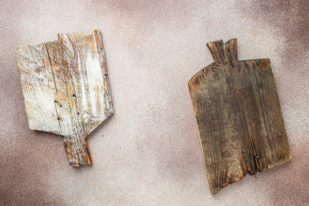 Set Old dark cutting board on concrete background. food cooking background. Long banner format. top view,の写真素材