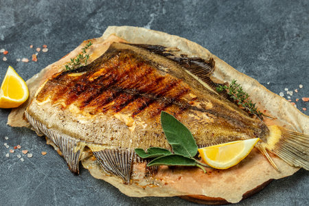 delicious grilled Flounder Fish with lemon and spices on a dark background. banner, menu, recipe...