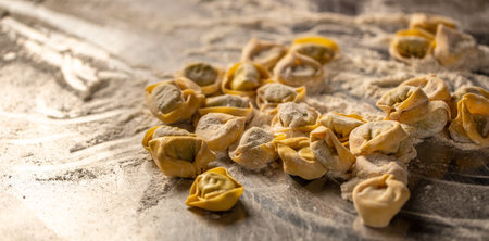 raw ravioli with flour. cooking concept. Long banner format. top view.の写真素材
