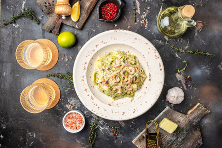 Pasta bavette with fried shrimps, bechamel sauce, thyme, Long banner format. top view,の写真素材