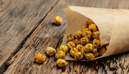 Roasted spicy chickpeas on wooden table background. Restaurant menu, dieting, cookbook recipe top view.の写真素材