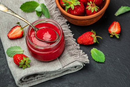 Jar of strawberry jam on dark background. Homemade strawberry marmalade and fruits. Long banner format.の写真素材