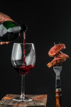 red wine pouring into glass with Marbled beef steak medium rare.の写真素材