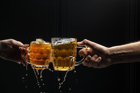 friends clinking beer glasses, Freeze motion splash drops of beer foamの写真素材
