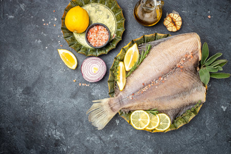 Raw flounder fish flatfish with lemon and spices on a dark background. banner, menu, recipe place...