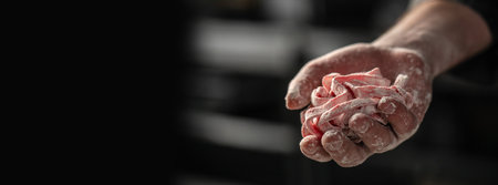 male hands holding handmade noddle pasta on a dark background. Long banner format.の写真素材
