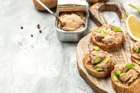 open sandwiches with cod liver and green onion, Natural source of omega 3. banner, menu, recipe place for text, top view,の写真素材