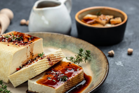 marinated tofu with herbs and spices. Vegetarian tofu cubes on a dark background. banner, menu, recipe place for text, top view.の写真素材
