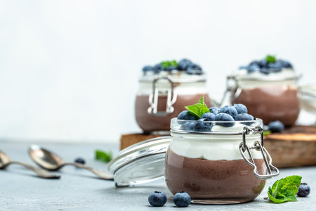 Delicious chocolate mousse or pudding with whipped cream. Chocolate panna cotta with blueberries. Chocolate pudding and greek yogurt parfait.の写真素材