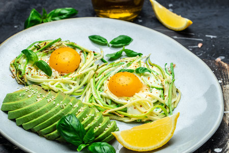 Plate with a keto diet food. paleo keto breakfast fried eggs, zucchini and avocado. Keto, paleo...