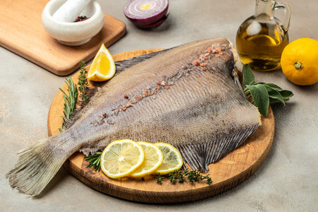 Flounder Fish. Seafood Food recipe background. close up.
