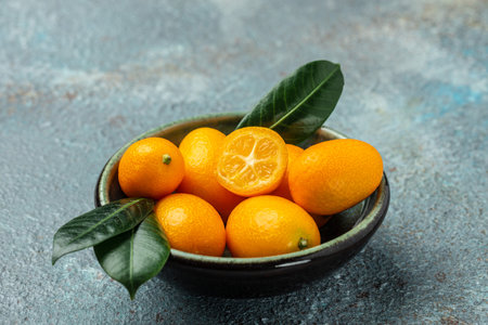 Raw Organic Orange Kumquats, banner, menu, recipe place for text, top view,の写真素材