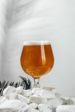 Close-up glass cold beer with foam and water drops with natural palm shadows,の写真素材