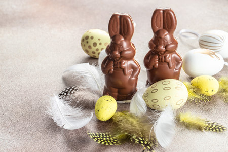 Chocolate bunny and easter egg. Happy Easter holiday concept.の写真素材
