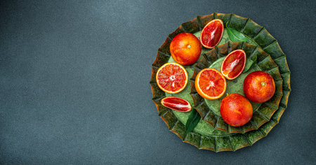 Whole and sliced sicilian oranges on a dark background. Long banner format. top view,の写真素材