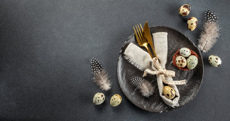 festive serving of the easter on a dark background, Happy Easter card design, Long banner format....
