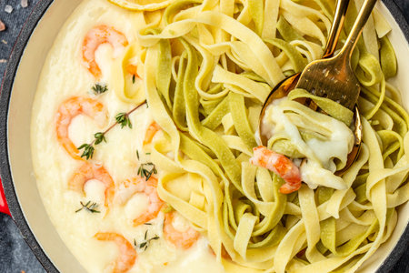 Pasta with Shrimp and bechamel sauce in a pan. Food recipe background. close up.の写真素材